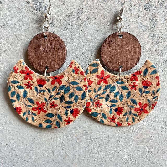 Beautiful Red and Blue Floral Cork and Wood Earrings Otarealm
