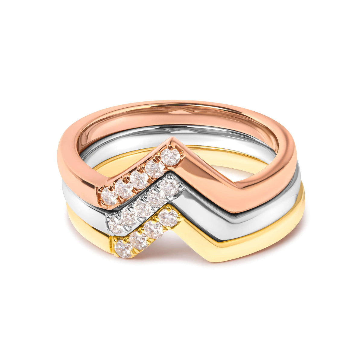 14K Gold 1/4 Cttw Diamond Geometrical Chevron V Stackable Band Ring Set (G-H Color, SI1-SI2 Clarity) - Size 7 Otarealm