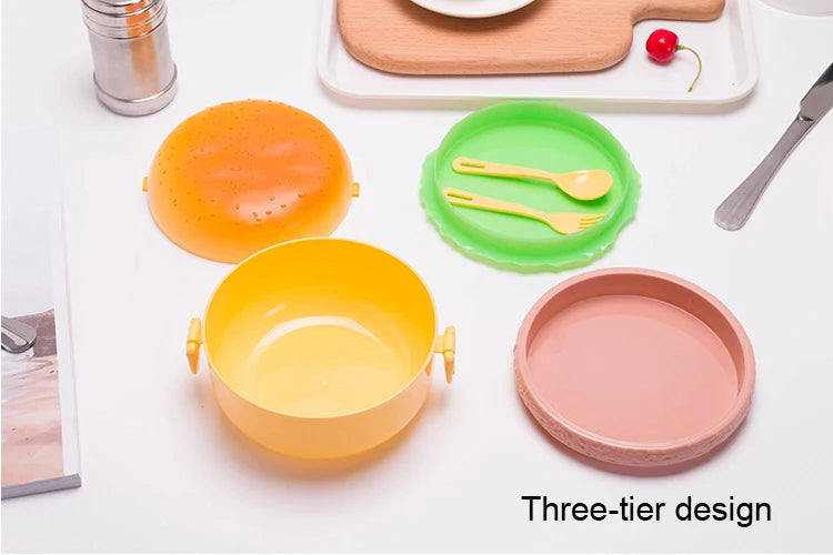 Cute Kawaii Double-Tier Burger Bento Box for Kids, Microwave Safe Fun and Functional Lunchware