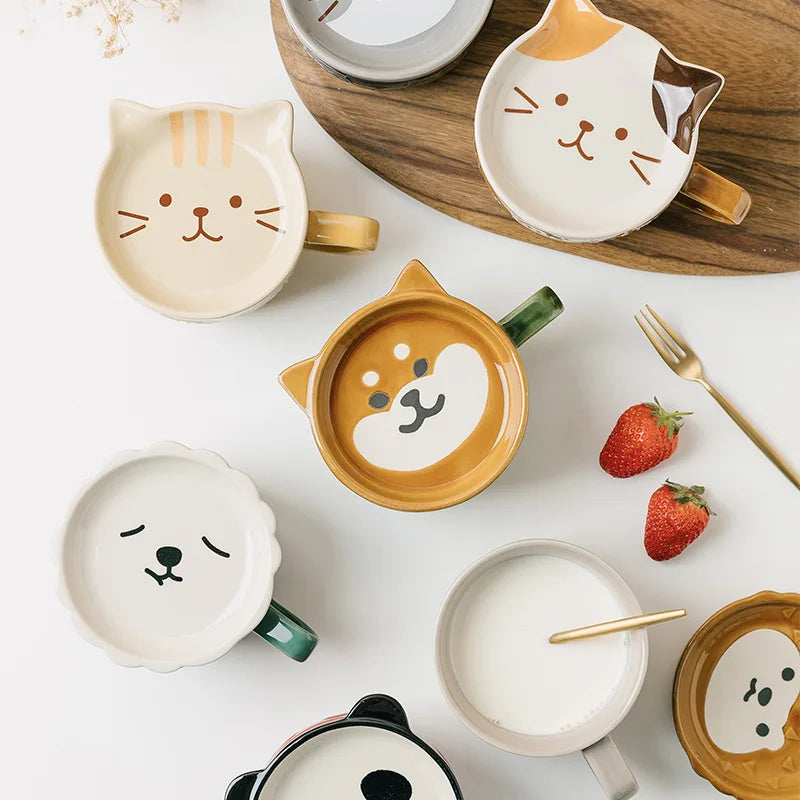 Japanese Cartoon Cat With Cover Coffee Cup, Cute Breakfast Cup With Lid