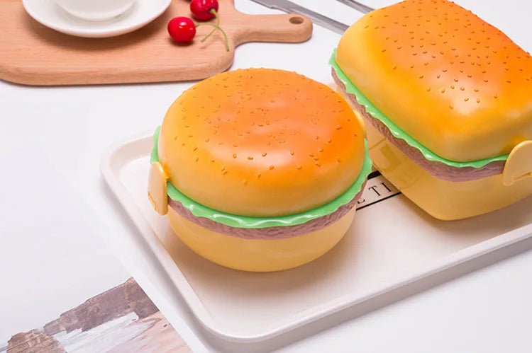 Cute Kawaii Double-Tier Burger Bento Box for Kids, Microwave Safe Fun and Functional Lunchware