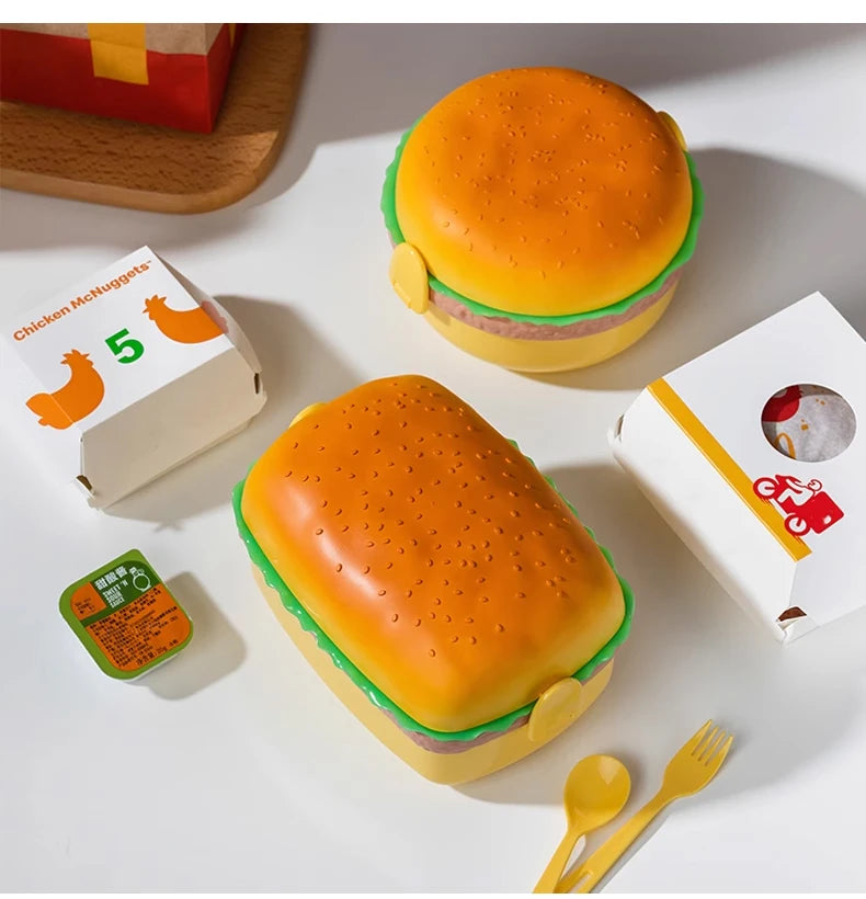 Cute Kawaii Double-Tier Burger Bento Box for Kids, Microwave Safe Fun and Functional Lunchware