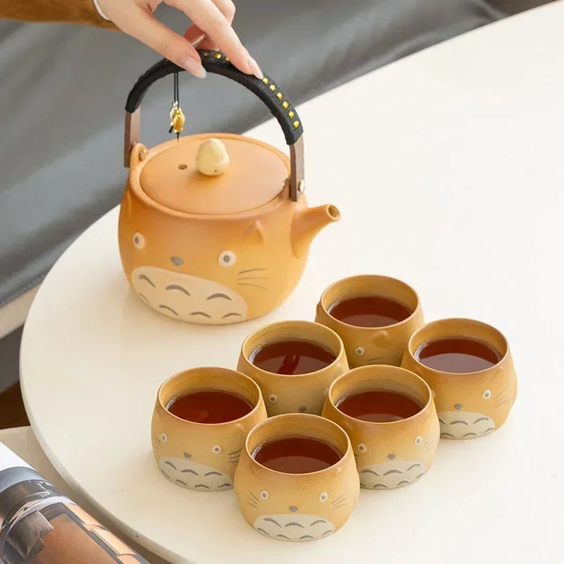 My Neighbor Totoro Ceramic Teapot Teacups Set, Anime Studio Ghibli Cute Cat Rough Pottery Cooking Teapot Tea Table Accessories