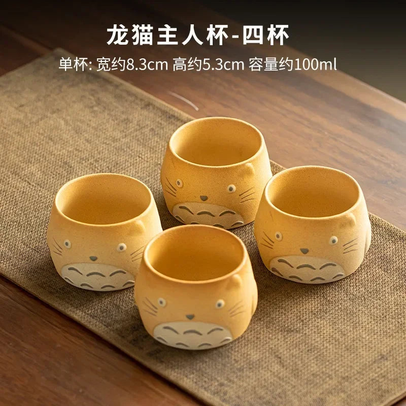 My Neighbor Totoro Ceramic Teapot Teacups Set, Anime Studio Ghibli Cute Cat Rough Pottery Cooking Teapot Tea Table Accessories