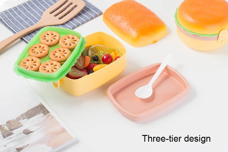 Cute Kawaii Double-Tier Burger Bento Box for Kids, Microwave Safe Fun and Functional Lunchware