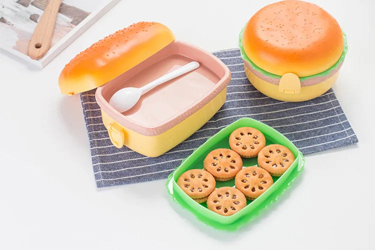 Cute Kawaii Double-Tier Burger Bento Box for Kids, Microwave Safe Fun and Functional Lunchware