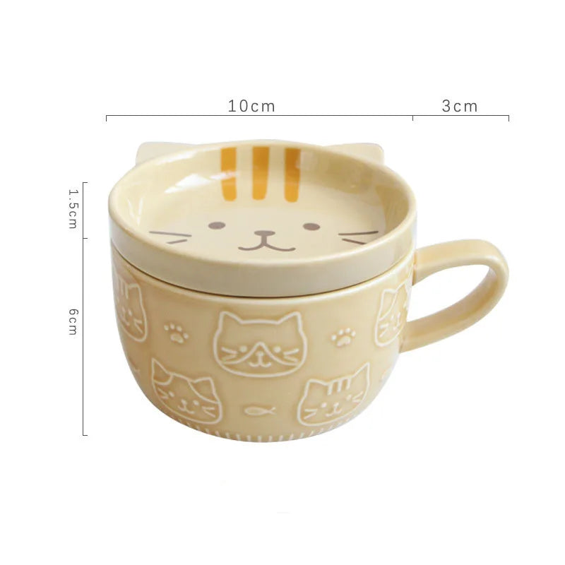 Japanese Cartoon Cat With Cover Coffee Cup, Cute Breakfast Cup With Lid