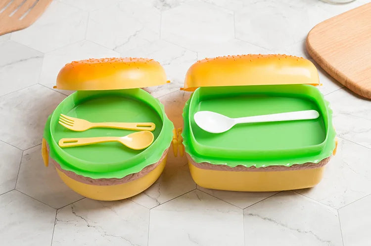 Cute Kawaii Double-Tier Burger Bento Box for Kids, Microwave Safe Fun and Functional Lunchware