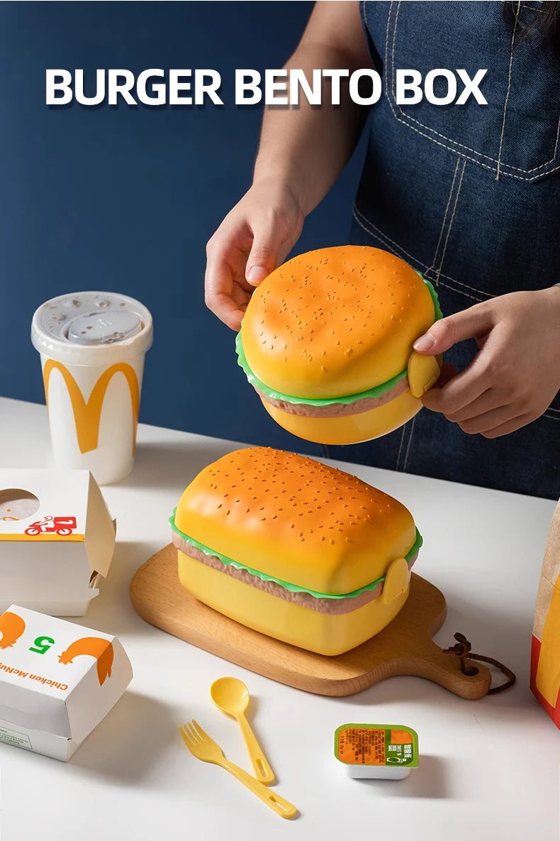 Cute Kawaii Double-Tier Burger Bento Box for Kids, Microwave Safe Fun and Functional Lunchware