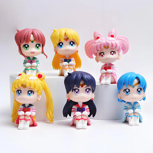 6 PCS Set Pretty Guardian Sailor Moon Anime Figures, Tsukino Usagi Chibiusa Hino Rei Kino Makoto Cute Kawaii Chibi Mini Figurines 7cm