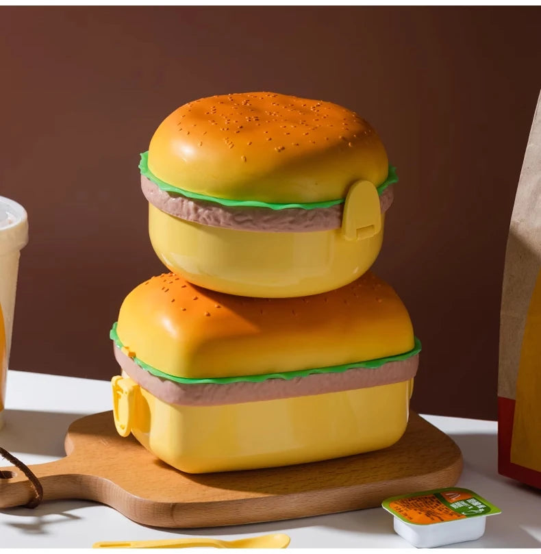 Cute Kawaii Double-Tier Burger Bento Box for Kids, Microwave Safe Fun and Functional Lunchware