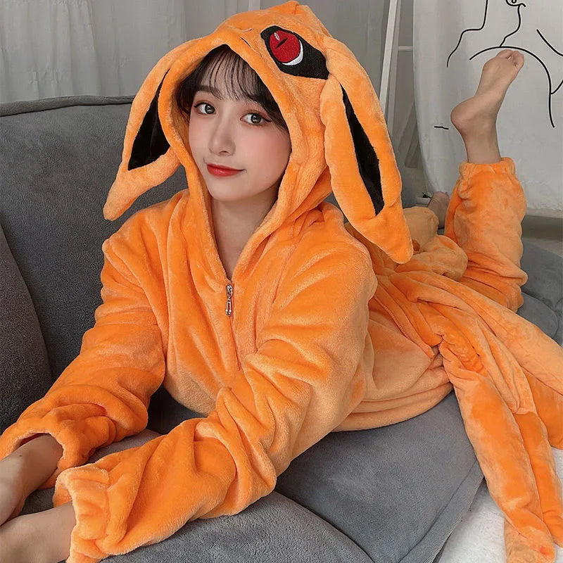 Naruto Shippuden Kurama Kyuubi Fox Cosplay Costume Kigurumi Adult Unisex Anime Pajamas Flannel Jumpsuit Sleepwear Onesies