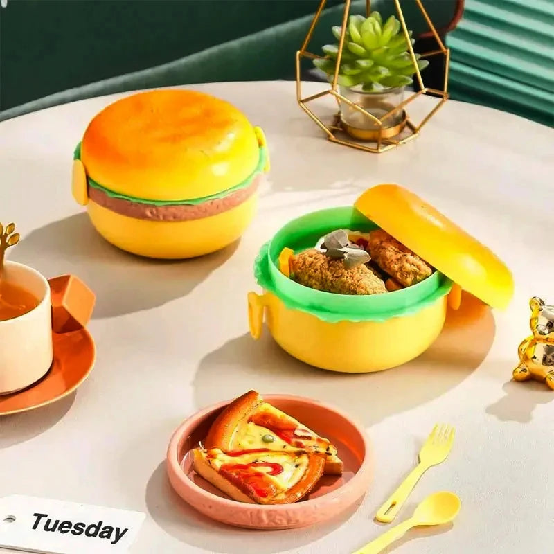 Cute Kawaii Double-Tier Burger Bento Box for Kids, Microwave Safe Fun and Functional Lunchware