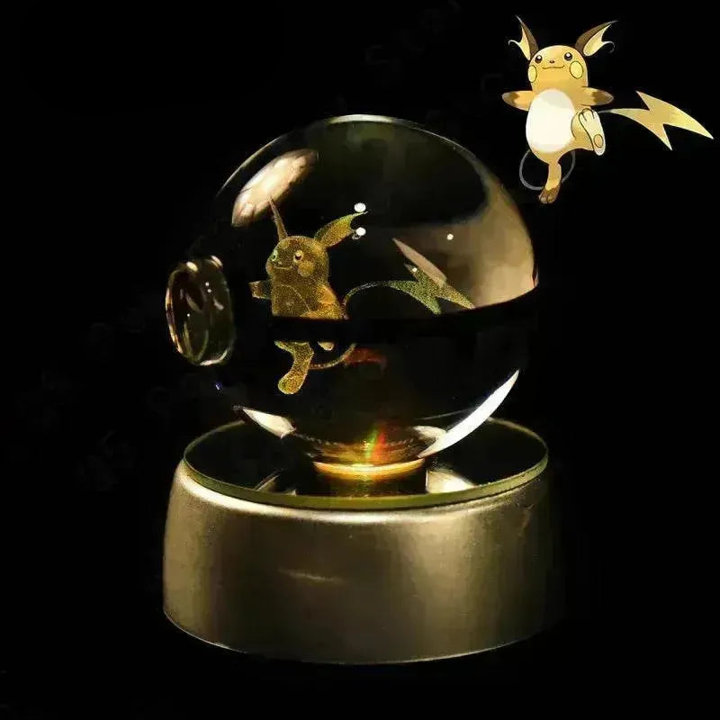 Raichu LED Anime Figure, 3D Pokemon Crystal Ball Figurine, Glass Pokeball Night Light Lamp Base Gift 5 CM