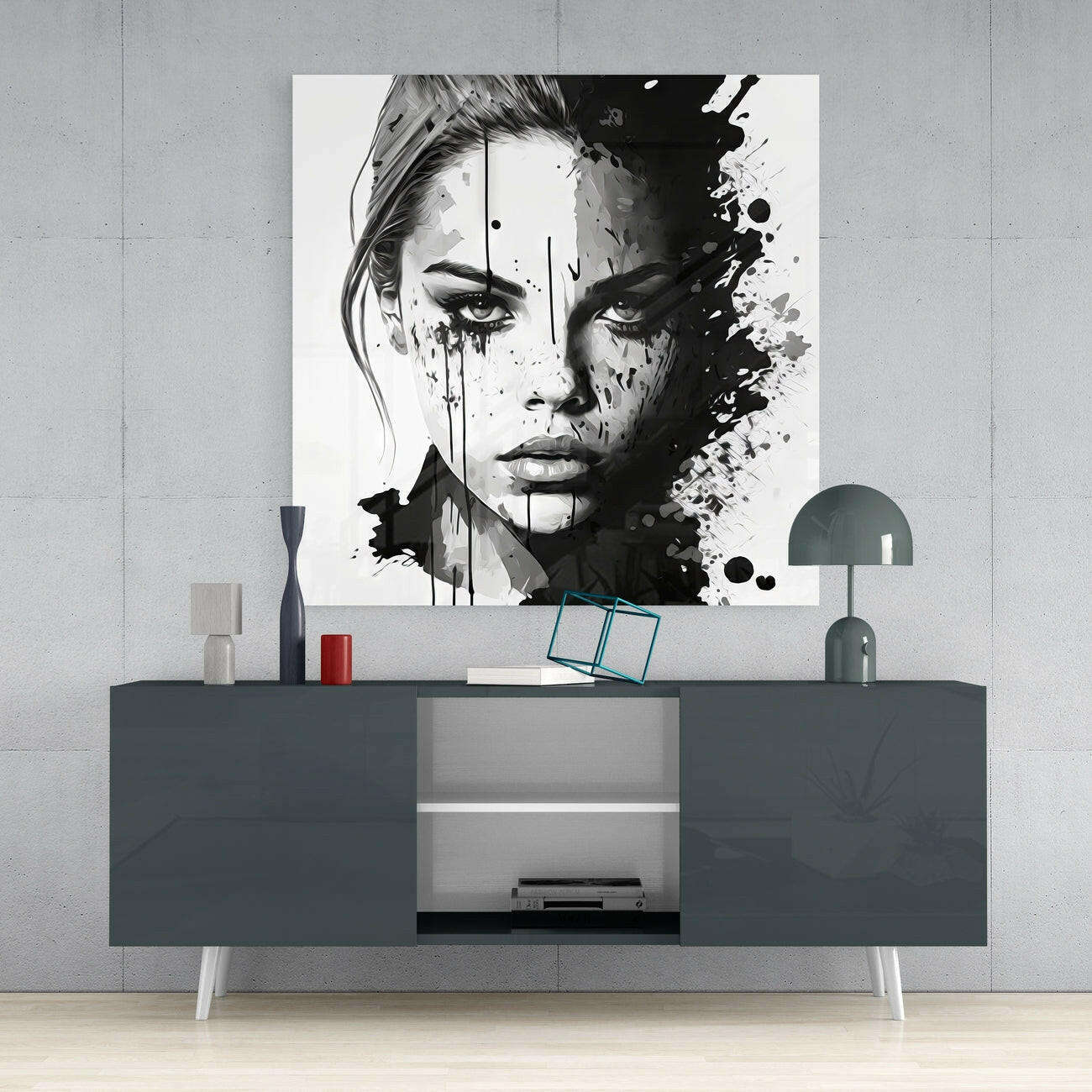 Black and White Ink Splash Woman Face Glass Wall Art Otarealm