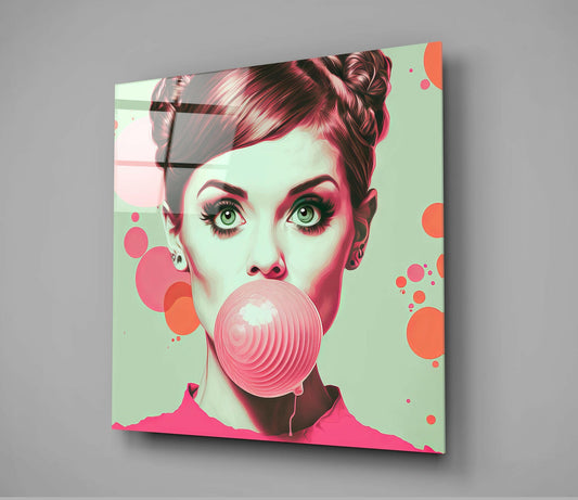 Pink Bubble Gum Retro Woman Glass Wall Art