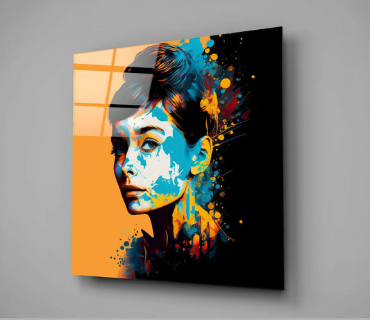 Orange Backdrop Blue Splash Woman Portrait Glass Wall Art