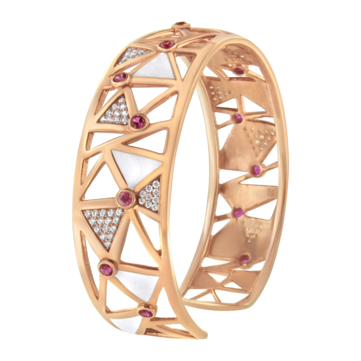 14K Rose Gold 5/8 Cttw Diamond with Pink Tourmaline Open Cuff Bangle with White Enamel (G-H Color, SI1-SI2 Clarity) - 7" Otarealm