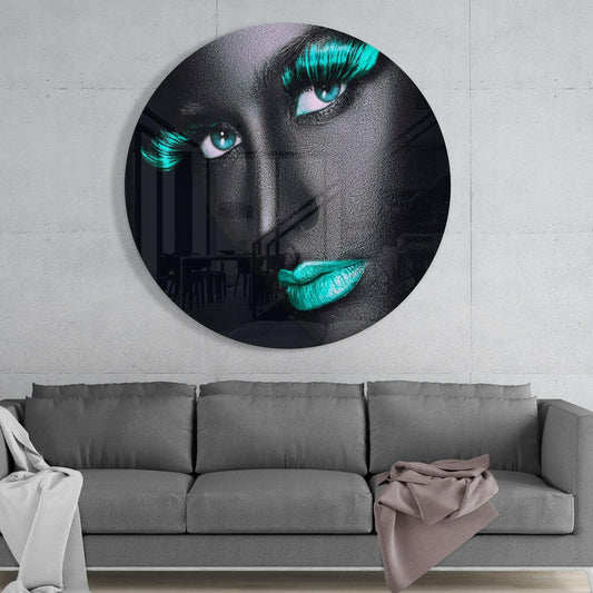 Turquoise Lashes and Lips Gray Face Glass Wall Art