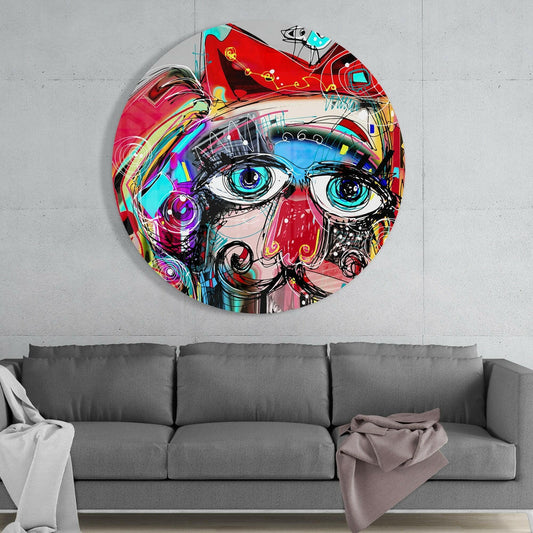 Round Graffiti Face Big Blue Eyes Glass Wall Art