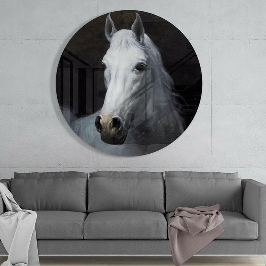White Horse Portrait Circle Glass Wall Art