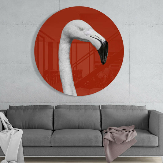 White Flamingo Red Circle Glass Wall Art