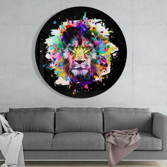 Colorful Splash Lion Round Glass Wall Art