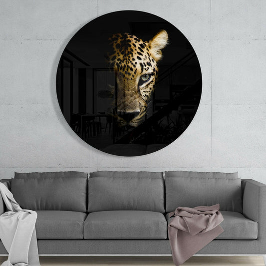 Half Lit Golden Leopard Glass Wall Art