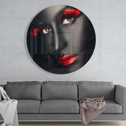 Red Lashes and Lips Gray Face Glass Wall Art