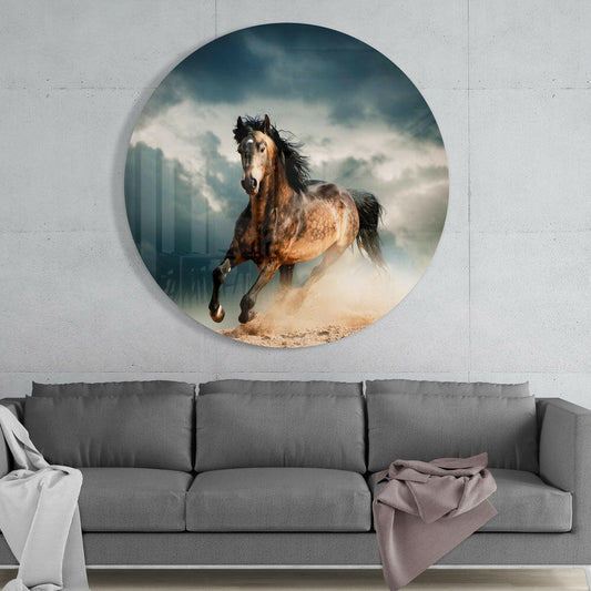 Galloping Bay Horse Circle Glass Wall Art