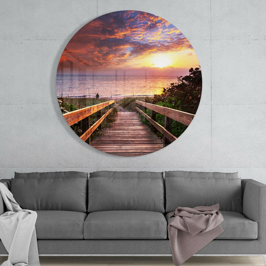 Boardwalk Beach Sunset Round Glass Wall Art