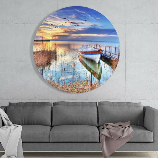 Sunset Lake Boat And Birds Glass Wall Art