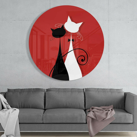 Round Red Black And White Cats Glass Wall Art