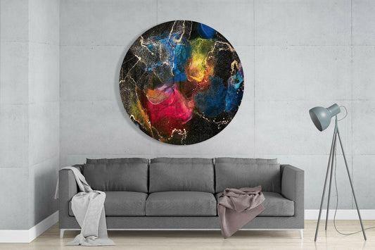 Jewel Ink Bloom Black Round Glass Wall Art