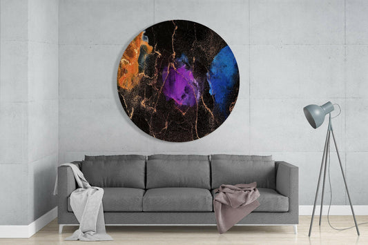 Purple Blue Gold Ink Round Glass Wall Art