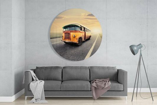 Round Classic Bus Country Road Glass Wall Art