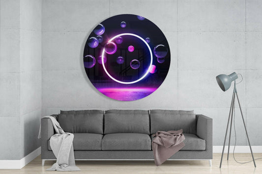 White Neon Circle Violet Bubbles Glass Wall Art