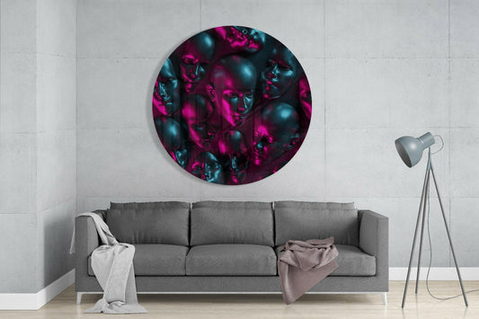 Neon Pink Teal Mannequin Heads Round Glass Wall Art