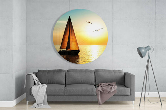 Round Amber Sunset Sailboat Seascape Glass Wall Art