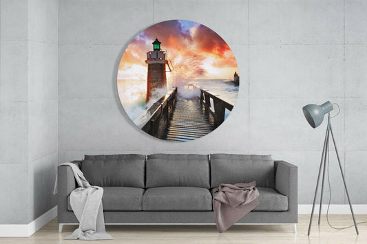 Round Splashing Sea Lighthouse Glass Wall Art