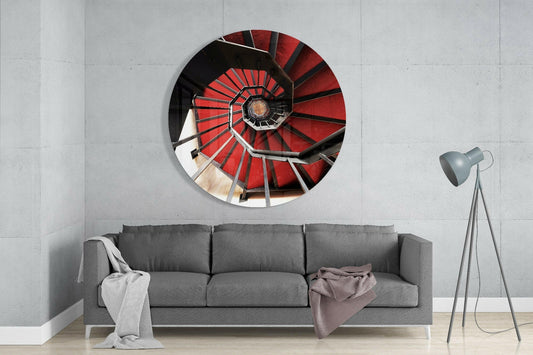 Round Crimson Octagon Stairwell Glass Wall Art
