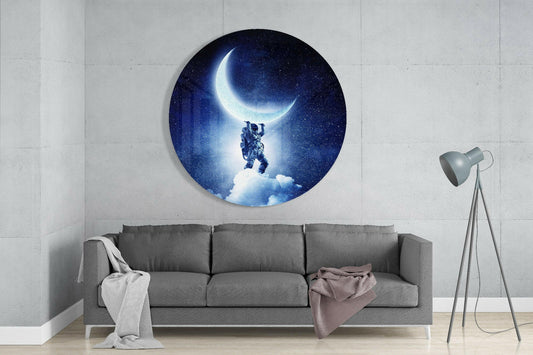 Round Crescent Moon Astronaut Glass Wall Art