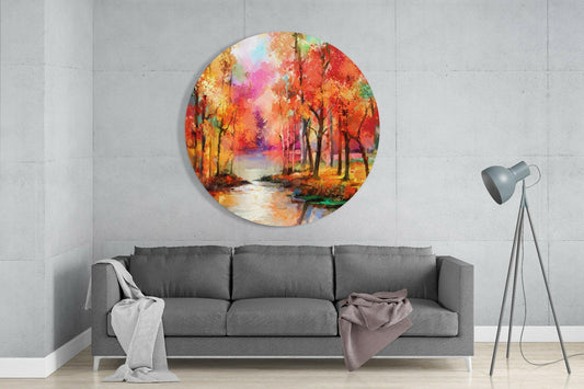 Fiery Fall Trees Riverside Glass Wall Art