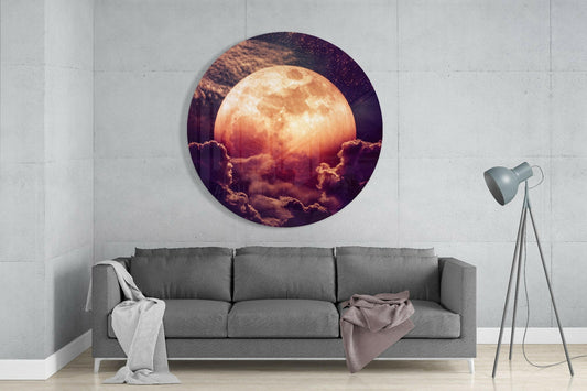 Round Glowing Moon In Purple Sky Glass Wall Art