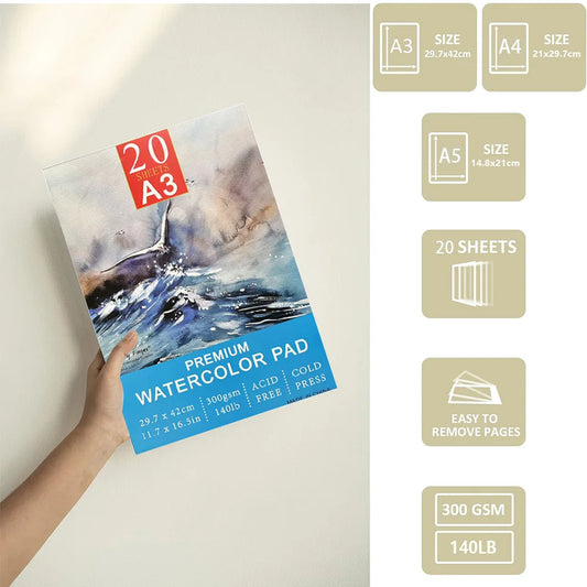 A5/A4/A3 Watercolor Paper Pad, 140lb/300gsm, 20 Sheets, Cold-Pressed, Acid-Free, Artist Painting Paper for Watercolor Painting