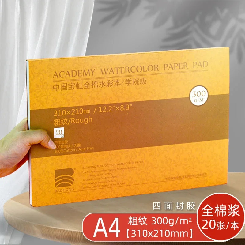 Premium Watercolor Paper Block – 20 Sheets, 300 GSM (140 LB) Acid-Free, Glue Bound for Wet & Dry Media