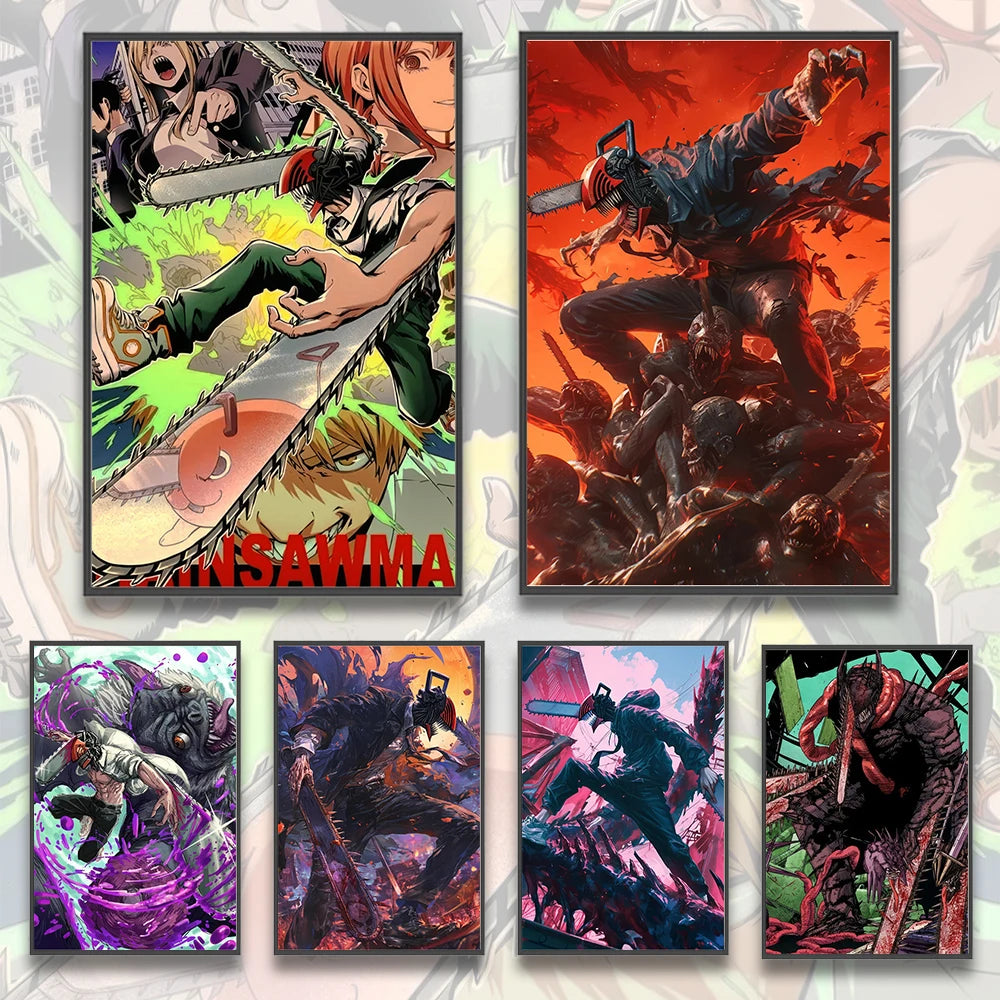 Chainsaw Man Self-adhesive Poster Wallpaper, Anime Wall Art Home Decoration Painting For Bedroom Computer Decor (Frames Not Included)