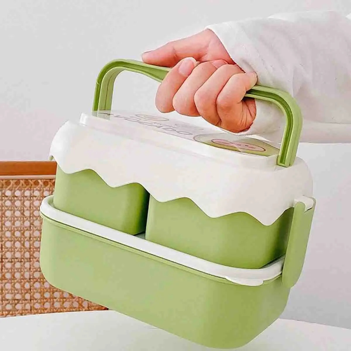 Double-Layer Fruit Lunch Box, Household Tableware Outdoors Portable Bento Box with Spork And Spoon