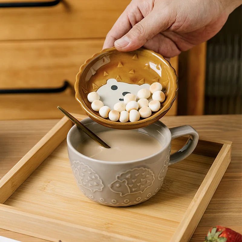Japanese Cartoon Cat With Cover Coffee Cup, Cute Breakfast Cup With Lid