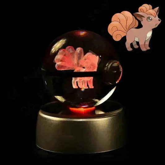 Vulpix LED Anime Figure, 3D Pokemon Crystal Ball Figurine, Glass Pokeball Night Light Lamp Base Gift 5 CM